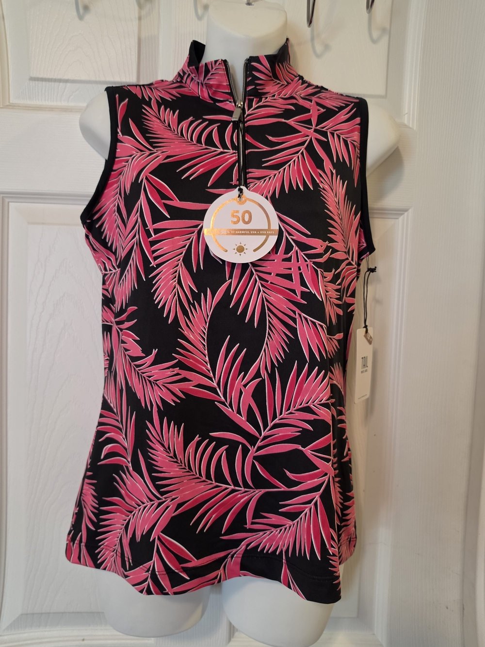 Sleeveless Zip Mock Neck Top with Pink Palm Print Size Small